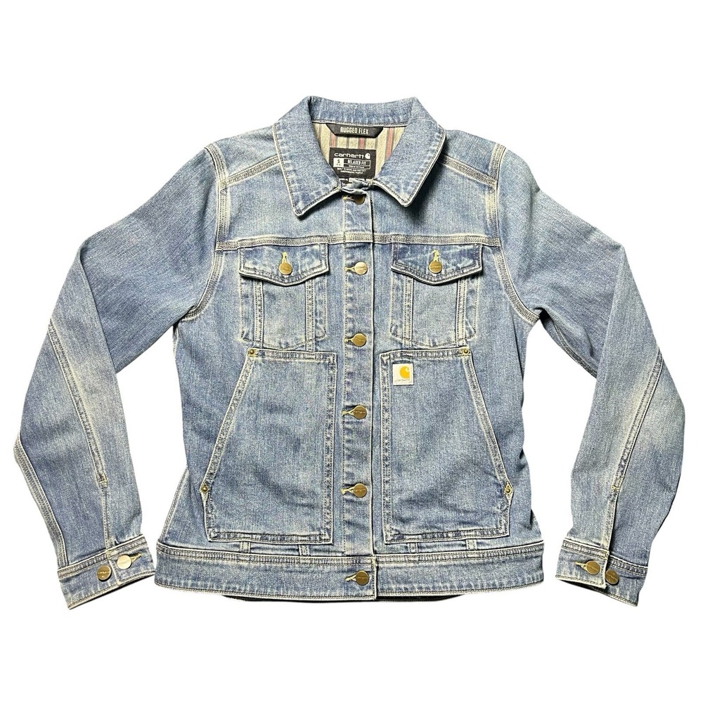 Carhartt Denim Jacket Womens Small Blue Rugged Flex Relaxed Fit OJ2970-W